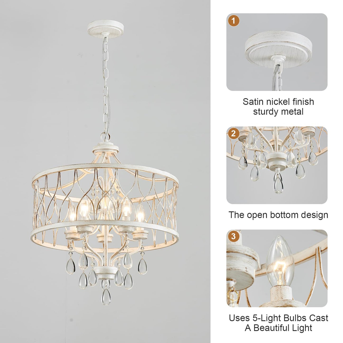 Uiimeces Modern Crystal Chandelier, 5-Light Farmhouse White Chandelier for Dining Room Vintage Hanging Pendant Light Fixtures Round Chandelier for Kitchen Island Entryway Foyer Bedroom Office Bar