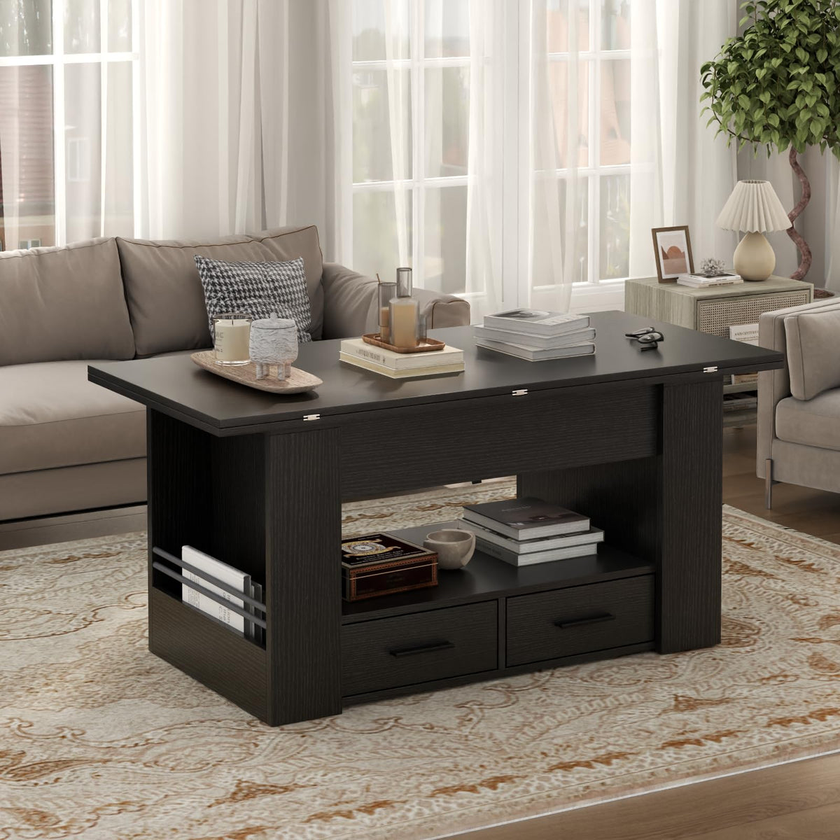 Lift Top Coffee Table, 4 in 1 Multi-Function Coffee Table with Storage Shelf and Hidden Compartment, Center Table with Large Drawers, Converts to Dining Table for Living Room, Home Office (Black)