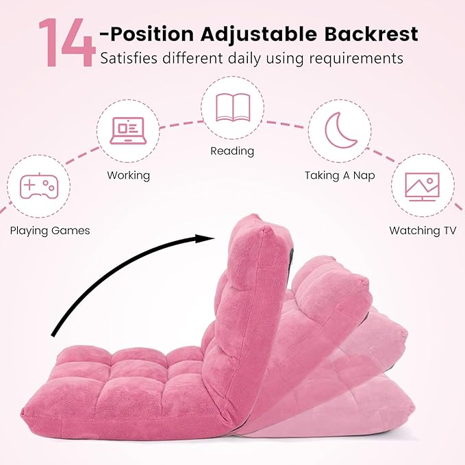 MAT EXPERT 14-Position Floor Chair, Floor Gaming Chair w/Soft Coral Fleece, Alloy Steel Frame, Padded Lazy Couch Recliner, Floor Chair with Back Support for Reading, Meditating, Playing Game (Pink)
