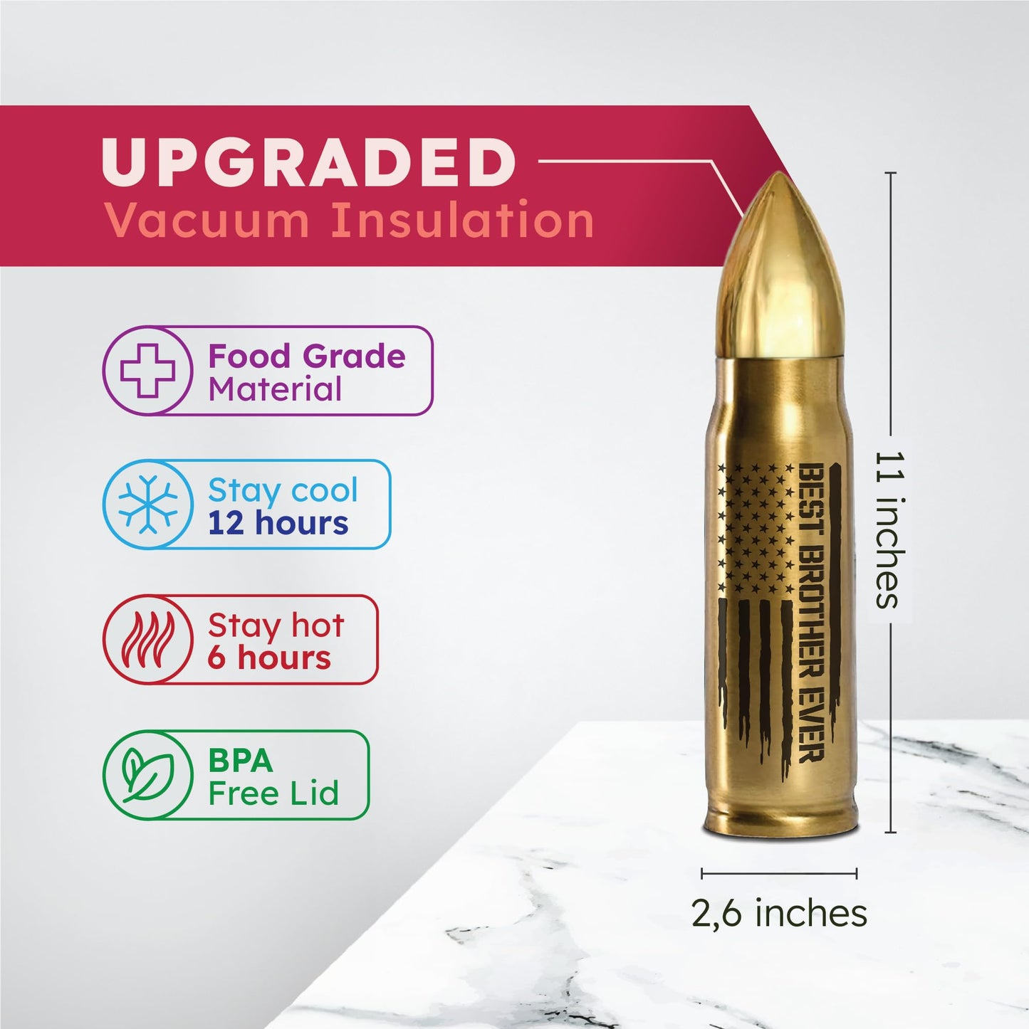 Gifts for Brother, Birthday Gifts from Sister - Best Brother Ever Bullet Tumbler 17Oz with Keychain, Gold Thermos Coffee Cup for Older Adult Bros, Funny Present for Wedding or Graduation