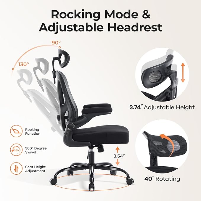 shipborne Office Chair Ergonomic Office Chair with Lumbar Support, Head Support, Rocking Function, FILP-up Armrests, Mesh High Back Chair Home Office Desk Chair, Suitable for Home, Office, Black
