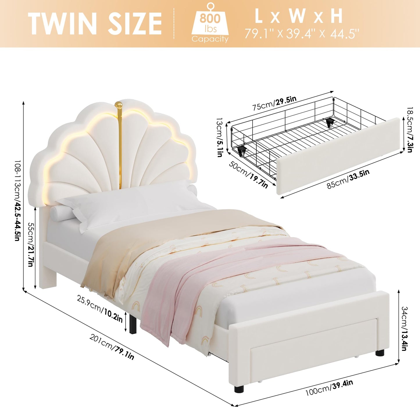 Keyluv Twin Upholstered LED Bed Frame with Storage Drawers, Soft Velvet Princess Platform Bed with Adjustable Cute Shell Headboard, No Box Spring Needed, Noise-Free, Beige