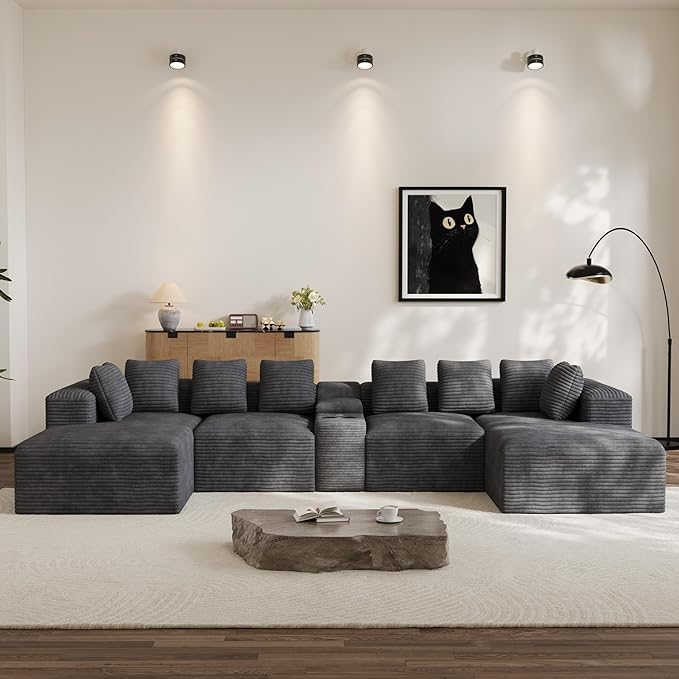 Modular Sectional Sofa with USB Cup Holders Storage, 143" U Shaped Cloud Couch Plush Corduroy Deep Seat Boneless Sofas with Double Chaise Lounge Memory Foam Couches for Living Room - Dark Grey