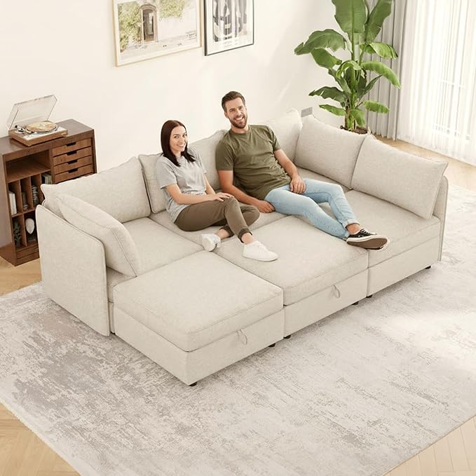 Oversized Modular 6 Seater Sofa with Removable Covers and Storage, Convertible U, L-Shaped and Sleeper Sectional, Modern Sectional Couch with Ottoman Chaise for Living Room, Bedroom, Apartment, Beige