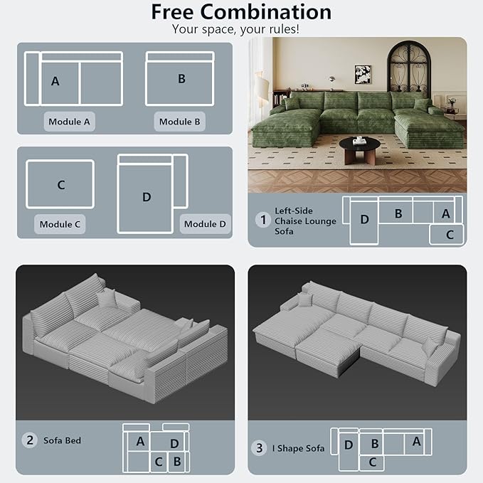 136" Cloud Sectional Couch U-Shaped Chaise with Ottoman, Corduroy Boneless Couch for Living Room Bedroom, Deep-Seat Upholstered Modular Cloud Sofa, No Assembly Required (Green, Left Facing Chaise)