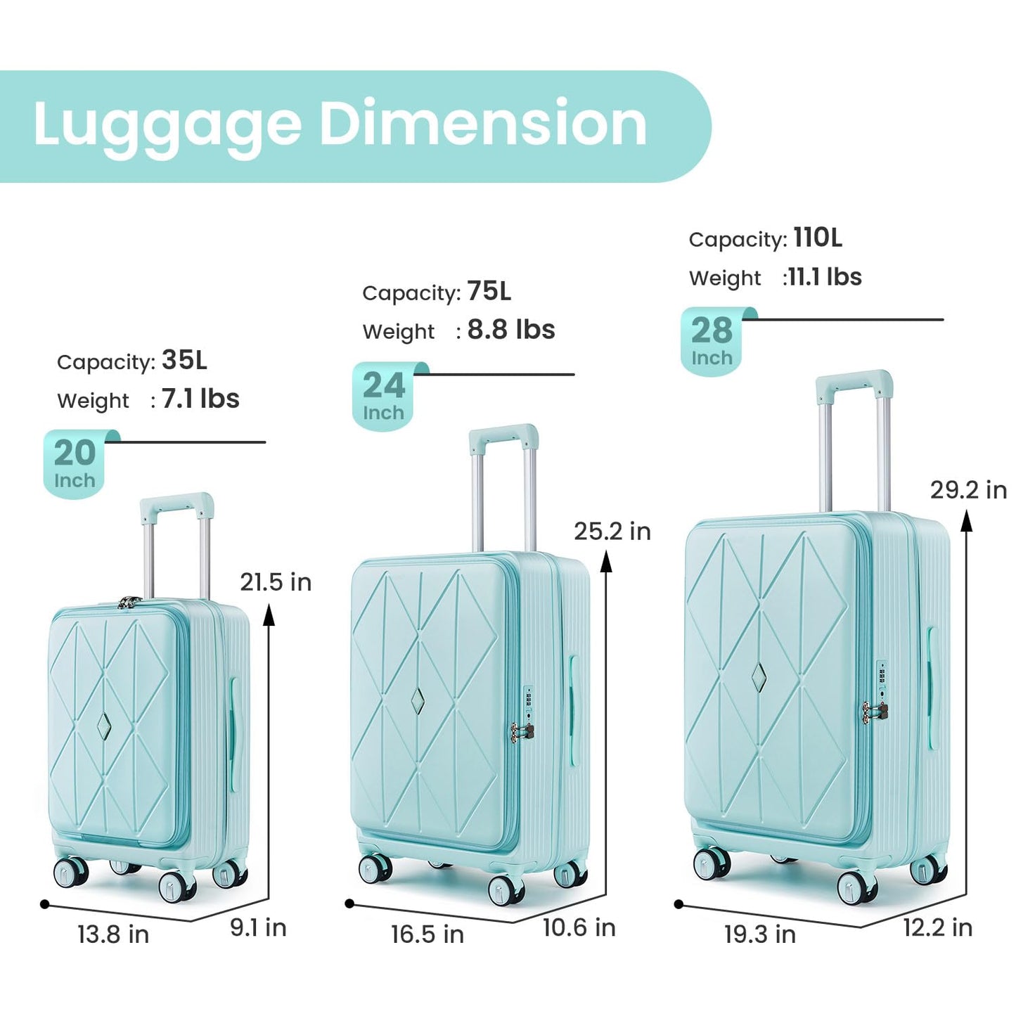 TRAVELEO 3 Piece Luggage Set 100% PC Hardshell, Front Opening Expandable Suitcase (20/24/28) with Laptop Compartment & Free Custom PVC Covers, Trunk Style Lightweight Spinner Wheels TSA Lock