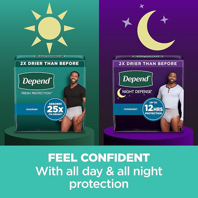 Depend Night Defense Adult Diapers, Incontinence Underwear for Men, Disposable, Overnight, Small/Medium, Grey, 26 Count, Packaging May Vary