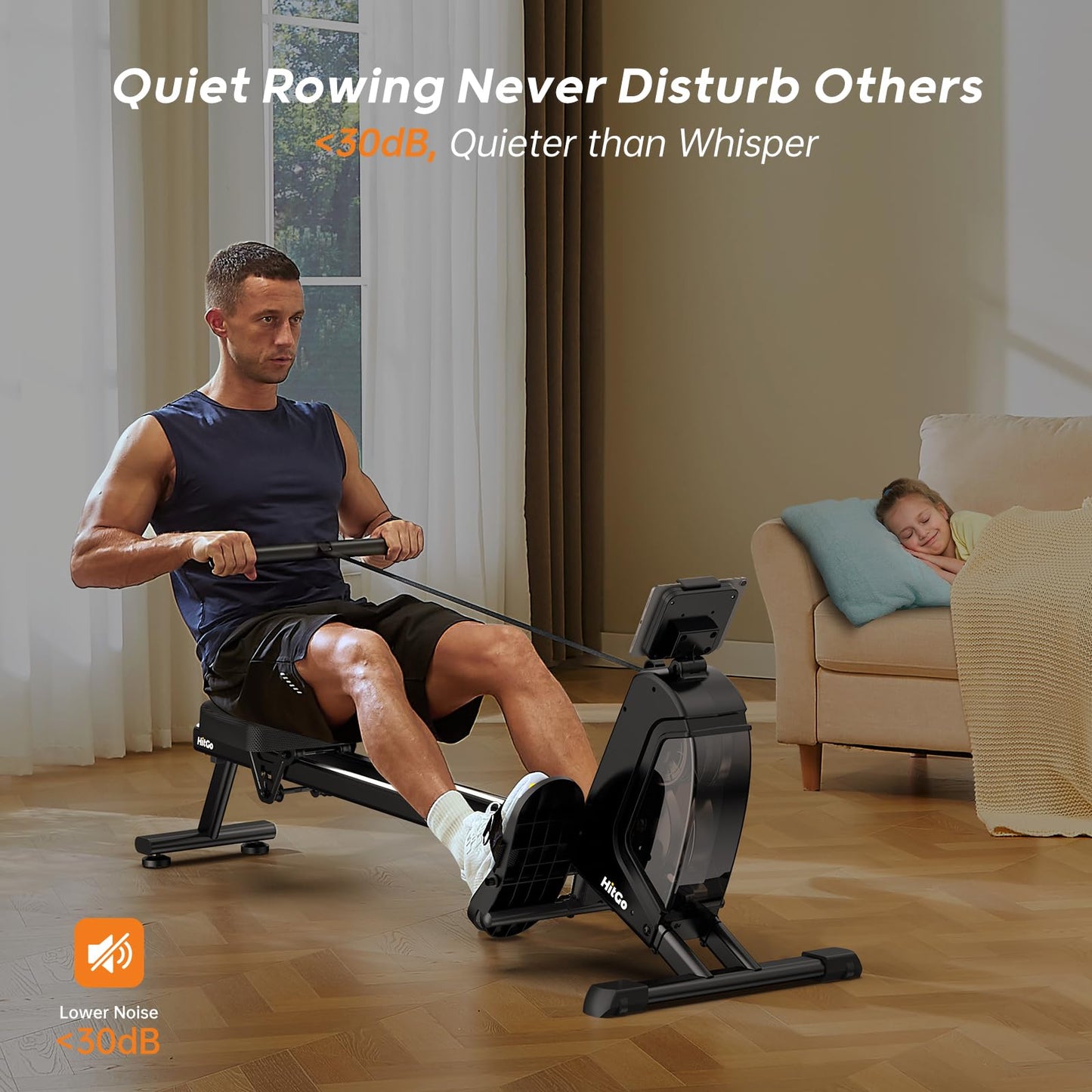 HitGo Magnetic Rowing Machine for Home Use, Foldable Rower with 32 Levels of Silent Resistance, LED Light Effects, Compact Dual Slide Rail, Max 350lb Capacity, Bluetooth & App Compatible