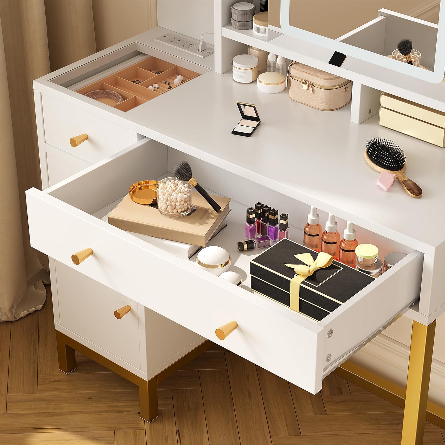 PeacefulHues White Vanity Desk with Mirror and Lights, Makeup Desk Dressing Table with LED Lighted Mirror & Power Outlet,3 Lighting Color for Bedroom