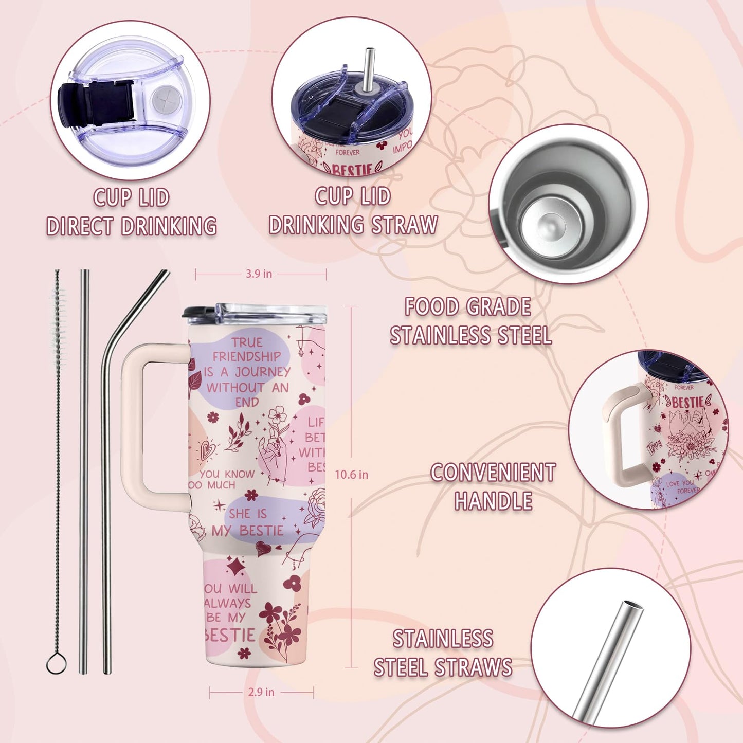 Uibunoo Bestie Gifts for Women, 40 Oz Bestie Stainless Steel Tumbler with Handle & Straw, Friends Tumbler, Bestfriend Gift, Bestfriend Birthday Gift, Friends Cup for Her Women Bff Female, 1 PCS