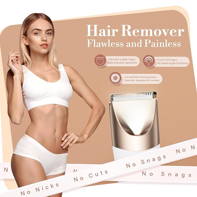 Bikini Trimmer for Women, 2 in 1 Electric Shaver for Women, Pubic Hair Trimmer Waterproof IPX7 with LED, Bikini Razor for Leg Arm Underarm Bikini Area, Pull Bows Gift Box for Friends - Shell White