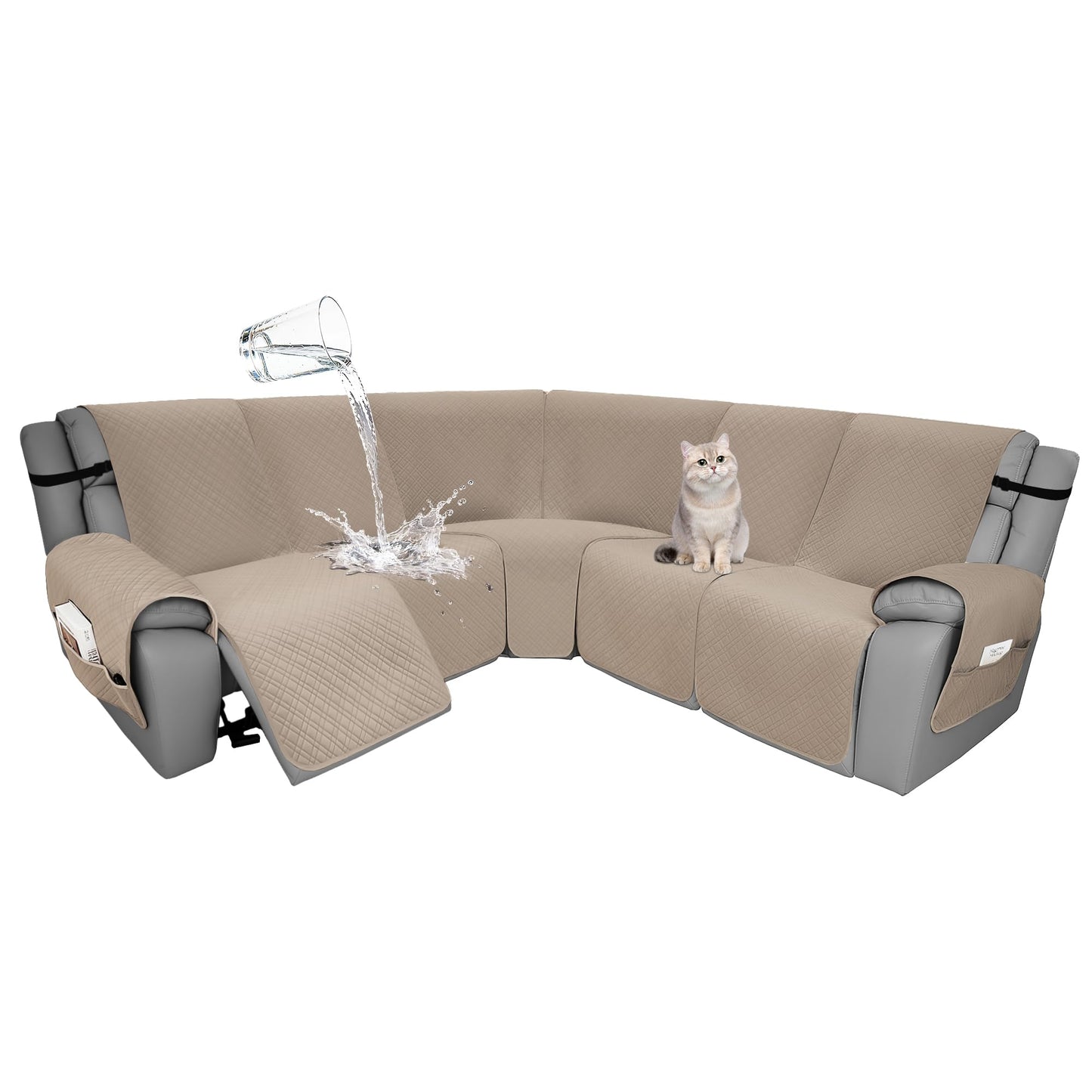 YUEVELLA Velvet 1OO% Waterproof Reclining Sectional Couch Covers for Sectional Sofa L Shape 7-Piece Quilted Corner Recliner Sofa Cover Slipcovers Set Washable (5 Seater, Khaki)