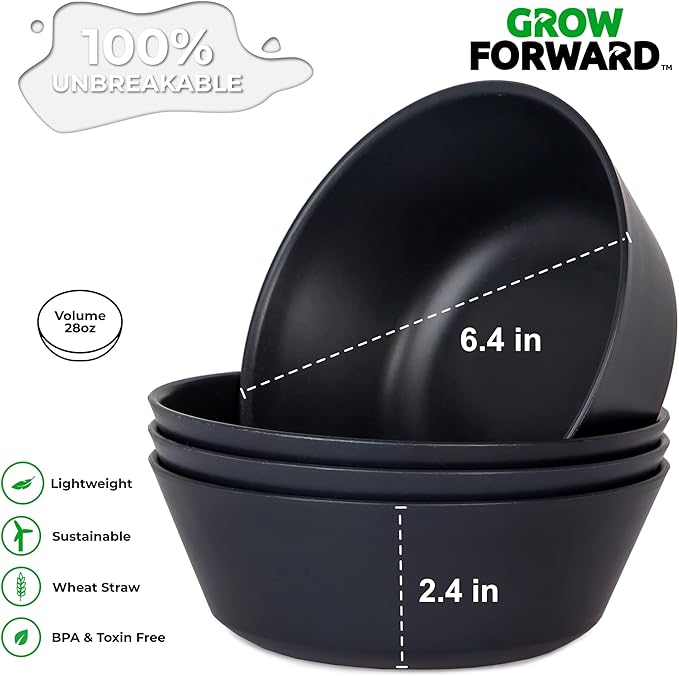 Grow Forward Premium Wheat Straw Plates and Bowls Sets - 8-Piece Wheat Straw Dinnerware Sets - Unbreakable & Reusable Microwave Safe Plastic Dinner Plates for Outdoors, RV, Camping Dishes - Midnight