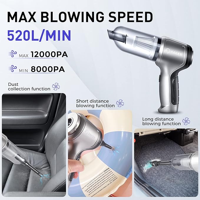 Saker Handheld Vacuum Cleaner Car Wireless Mini Vacuum Cleaner 3 in 1 Multifunctional Brushless Motor 12000PA,Portable Handheld Car Vacuum Cleaner for Keyboard Cleaning, Outdoor and Home