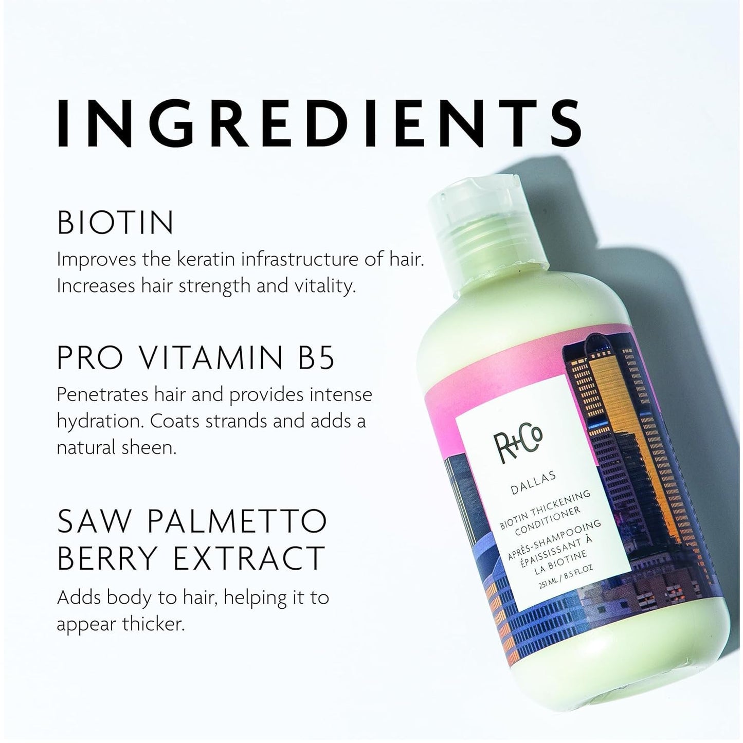 R+Co Dallas Biotin Thickening Conditioner | Weightless Hydration, Strengthens + Enhances Shine | Vegan + Cruelty-Free | 2 Oz
