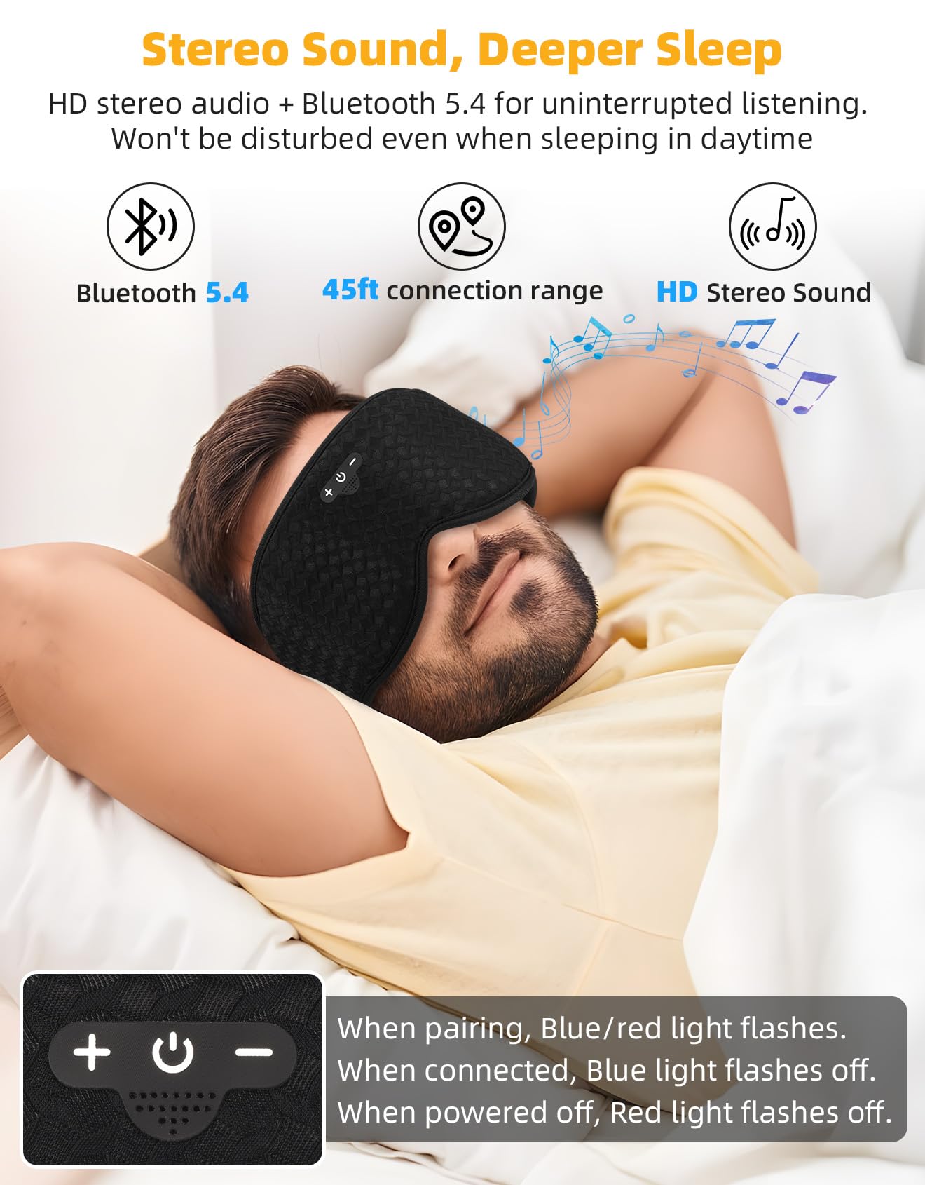 Mixiba 3D Contoured Sleep Mask with Bluetooth Headphones, Adjustable Blackout Sleeping Mask, Easy Installation Sleeping Headphones with Ultra-Thin Stereo Speakers for Men, Women - Black