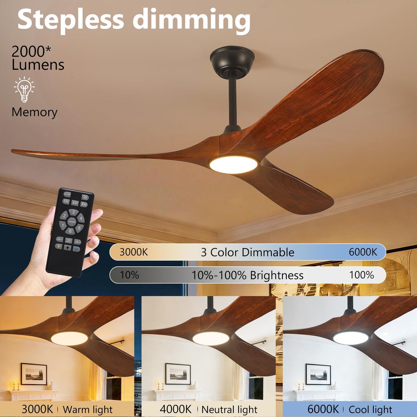 52" Ceiling Fan with Light and Remote, 6-Speed Dimmable Outdoor Ceiling Fan, High CFM Quiet 3 Blade Wood Ceiling Fan, Puoyro Modern Propeller Ceiling Fan for Outdoor Indoor Living Patio Porch (Walnut)