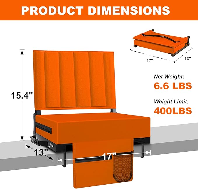 Aliphon Stadium Seat for Bleachers with Back Support and Cushion, Bleacher Seats with Shoulder Strap and Cup Holder, Padded Portable Folding Comfort Stadium Chair, for Sports Events, Orange (1pcs)