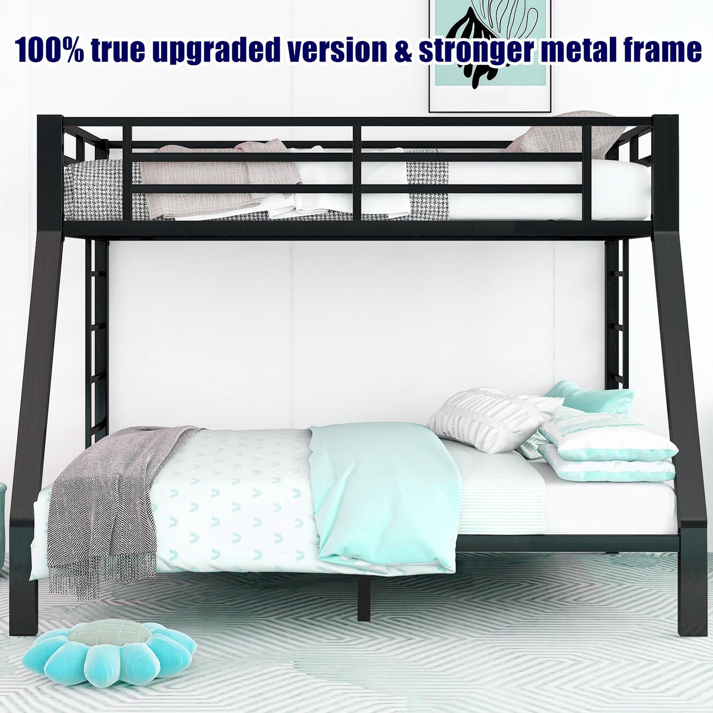 LEEKAF Stronger & Higher Quality Heavy Duty Steel Twin XL Over Queen Bunk Bed, Safer More Stable Thickened Metal Bunk Queen Bed with Enhanced Legs & Slats (Faster Assembly)