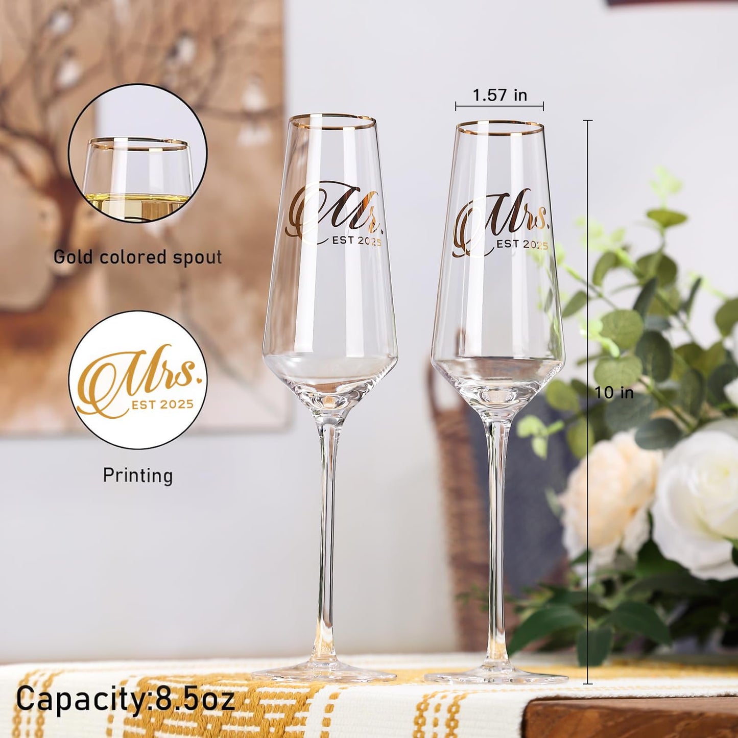 comfit Mr and Mrs Champagne Glasses Set of 2, Long Stem Wedding Champagne Flutes 2025, Bride and Groom Toasting Crystal Glass Set,Engagement Gifts for Couples, Newlyweds, Anniversary,8.5oz