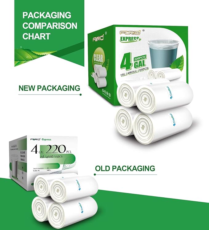 FORID Clear Small Trash Bags, 4 Gallon Garbage Bags, Wastebasket Bin Liners 220 Count Plastic Trash Bags for Bathroom Bedroom Office Garbage Can 15 Liters - Durable & Thick Trash Bag