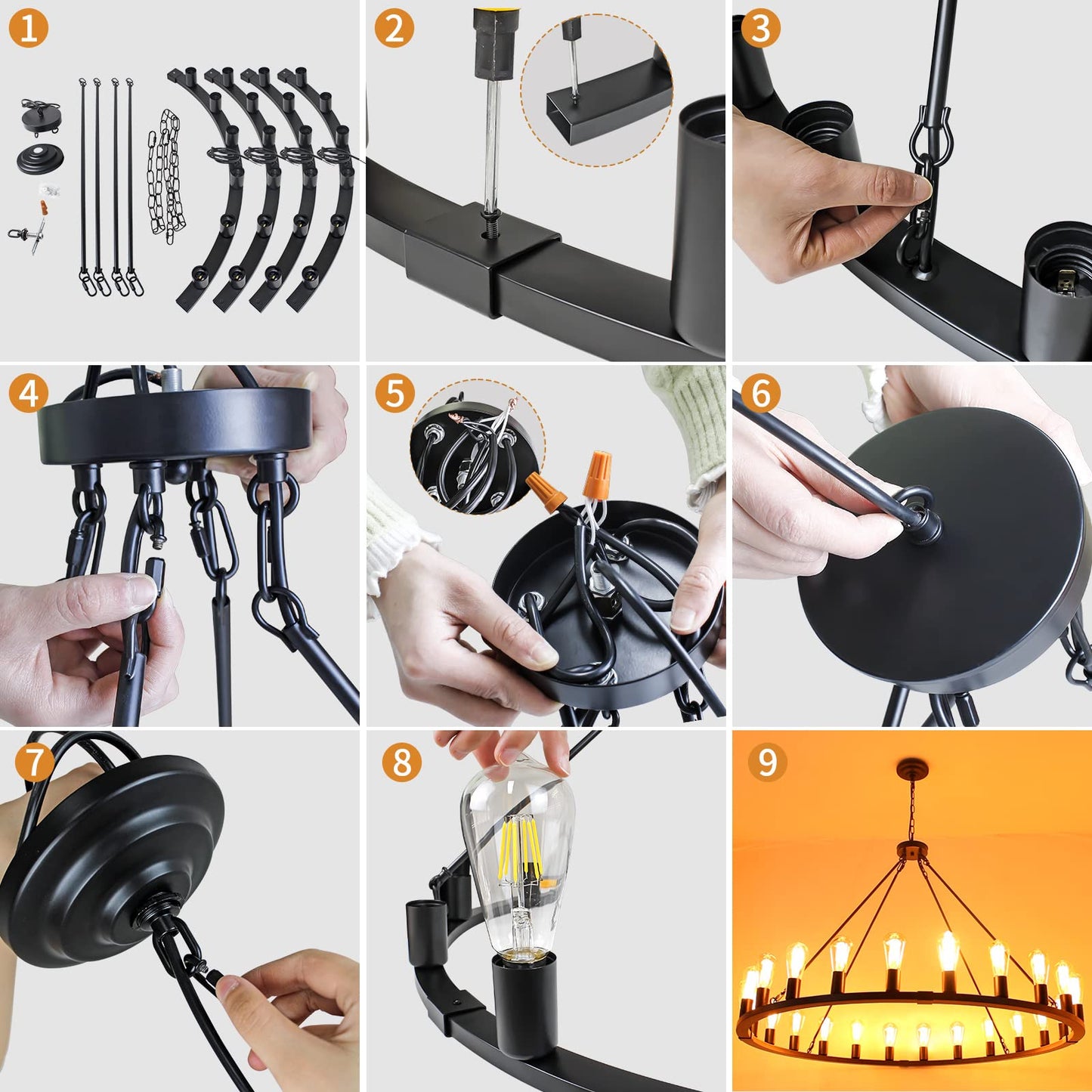 Rviezza Wagon Wheel Chandelier 24-Light 48-Inch, Black Round Rustic Farmhouse Chandelier Extra Large for High Ceilings, Dining Room, Living Room