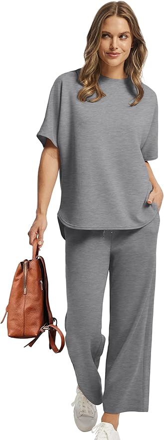 Sampeel Two Piece Sets for Women Summer Outfits Oversized Wide Leg Crop Pants Lounge Sets Airport Beach Vacation Clothes