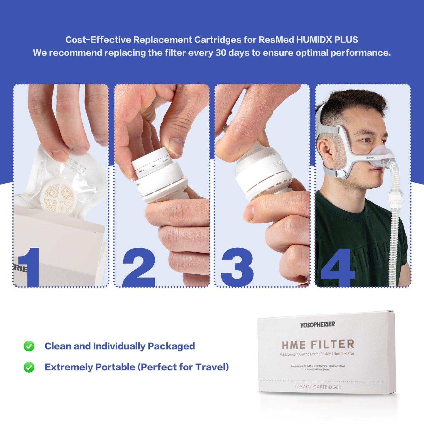 HME for HumidX Plus, Replacement Cartridges for ResMed HumidX Plus, FSA & HSA Eligible, Compatible with ResMed Airmini CPAP Machine & P10 Nasal Pillows, N20, N30 Nasal Masks, CPAP Supplies, 12-Pack