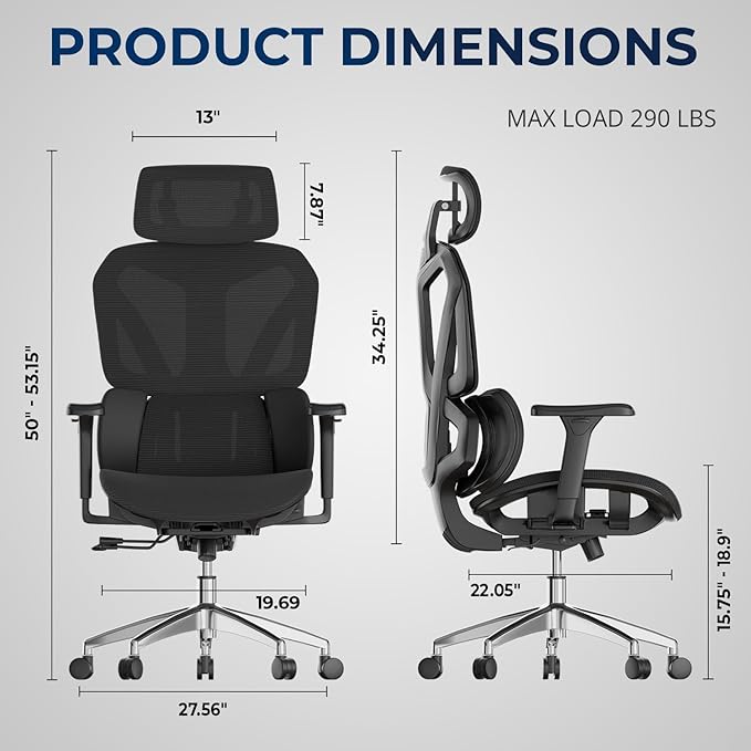 G-PACK PRO Ergonomic Office Chair – Mesh Office Chair with Headrest, Adjustable Armrest and Lumbar Support – Holds Up to 290lbs (GPP-MAX-90)