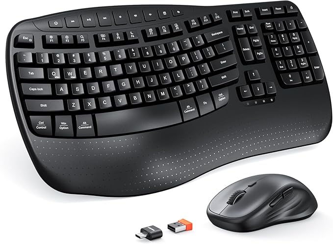MEETION Ergonomic Keyboard and Mouse Wireless Combo, Wave Keys Natural Typing, 2.4G USB Receiver Wireless Keyboard with Wr...
