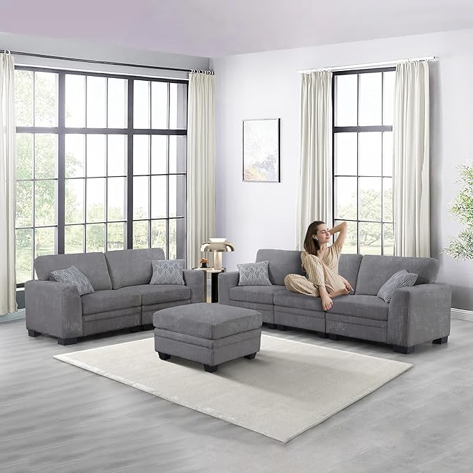 Legend Vansen Oversized Modular Sectional Sofa,6 Seat U Shaped Couch with Ottoman,Corduroy Sofa with Deep Seat,Convertible Large Sectional Couches for Living Room (Grey, L2+3)