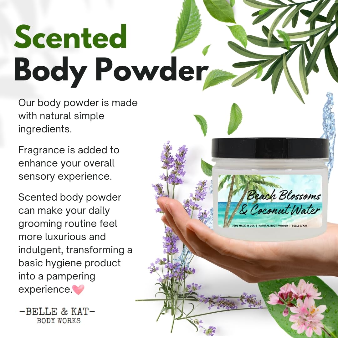 Body Powder for Women & Men Scented Beach Blossoms & Coconut Water, Perfume Dusting Powder, Bath Powder with Fragrance & Essential Oils, Talc-Free 10oz Container with Lid, Made in USA