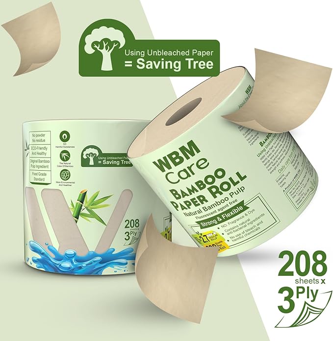 WBM Care Bamboo Paper Towels, Strong & Flexible 3-Ply, Designed for Sensitive Skin, Tree-Free, All-Natural & Healthy Bath Toilet Tissues, 200 Sheets, 20 Rolls