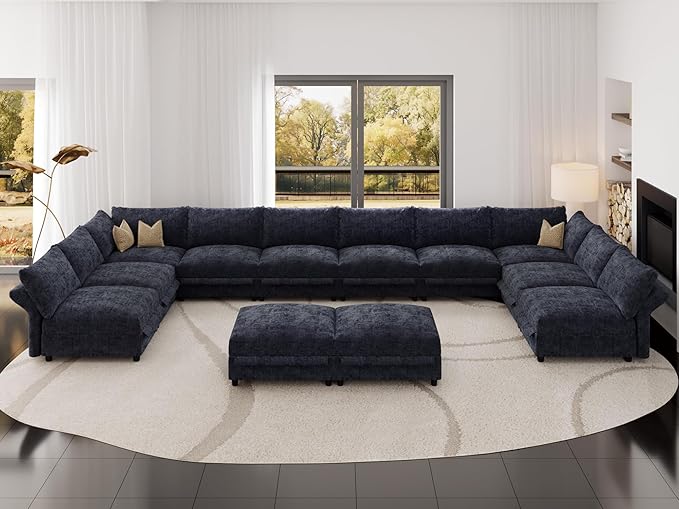 DreamDashio 226" Oversized Modular Sectional Sofa for Living Room, U Shaped Deep Sectional Couch with Storage Seat, Versatile Armrest, High Backrest, 12 Seater, Dark Grey Chenille