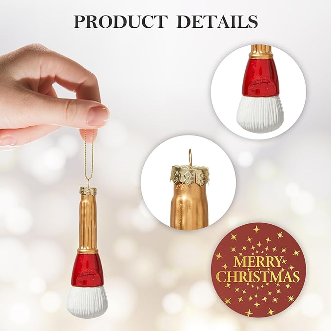 WDS WONDROUS Makeup Christmas Ornaments, Gold and Red Cosmetic Brush Glass Hanging Ornament Decoration, Cosmetic Brush Ornament Set for Christmas Tree Decor Holiday Party Home Gift