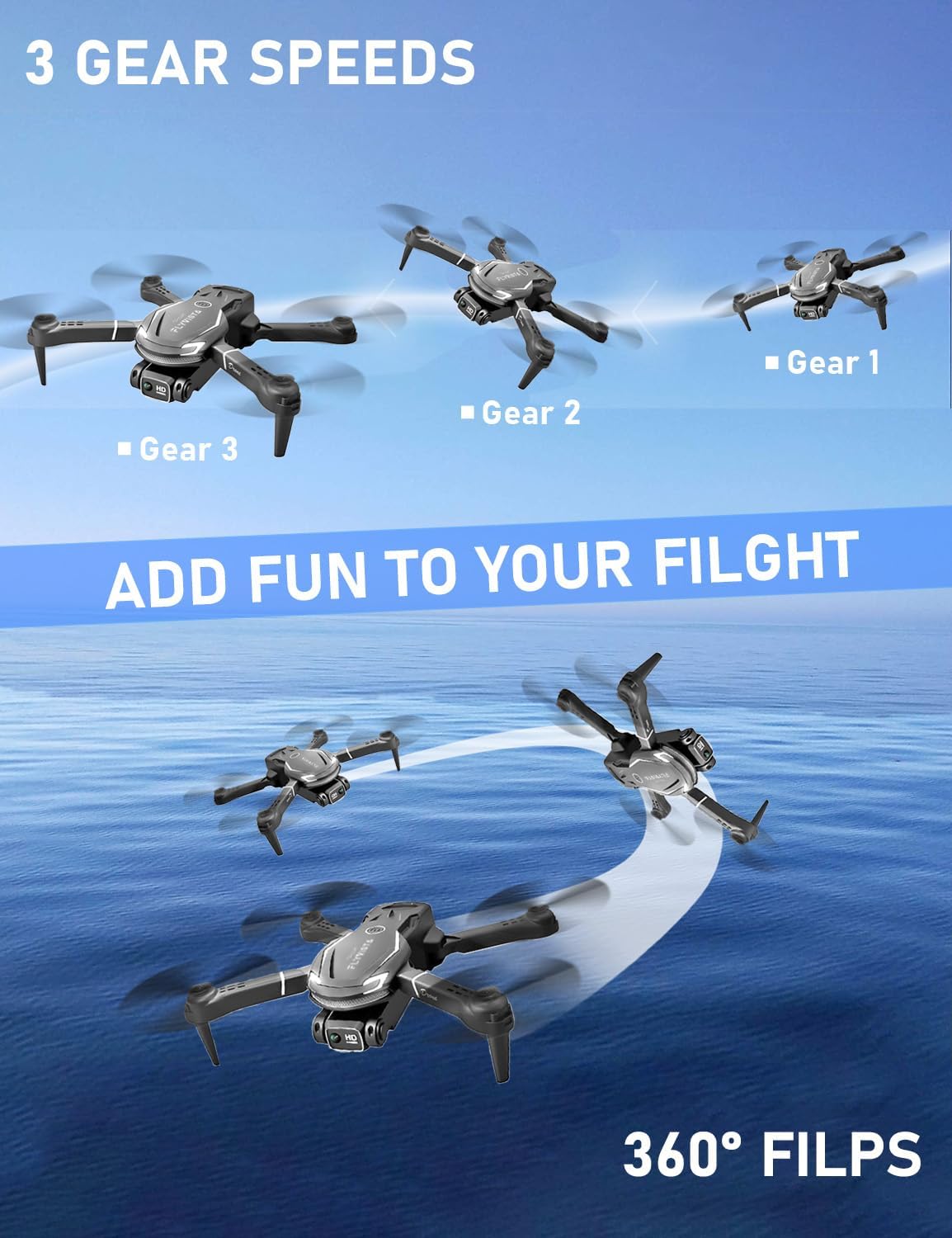 FLYVISTA Cool Mini Drone with Camera for Kids Adults Beginners, 1080P FPV Camera Remote Control Drone for Kids with 3 Batteries, One-Click Take Off/Landing, Altitude Hold, Headless Mode, 360° Flips, 3-Gear Speeds , Emergency Stop, Toys Gifts for Kids