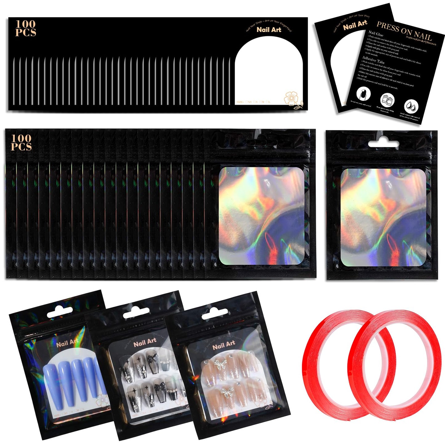 202pcs Press on Nail Packaging Bag, 100pcs Empty Holographic Nail Storage Bag and 100pcs Instruction&Display Black Cardboard wit