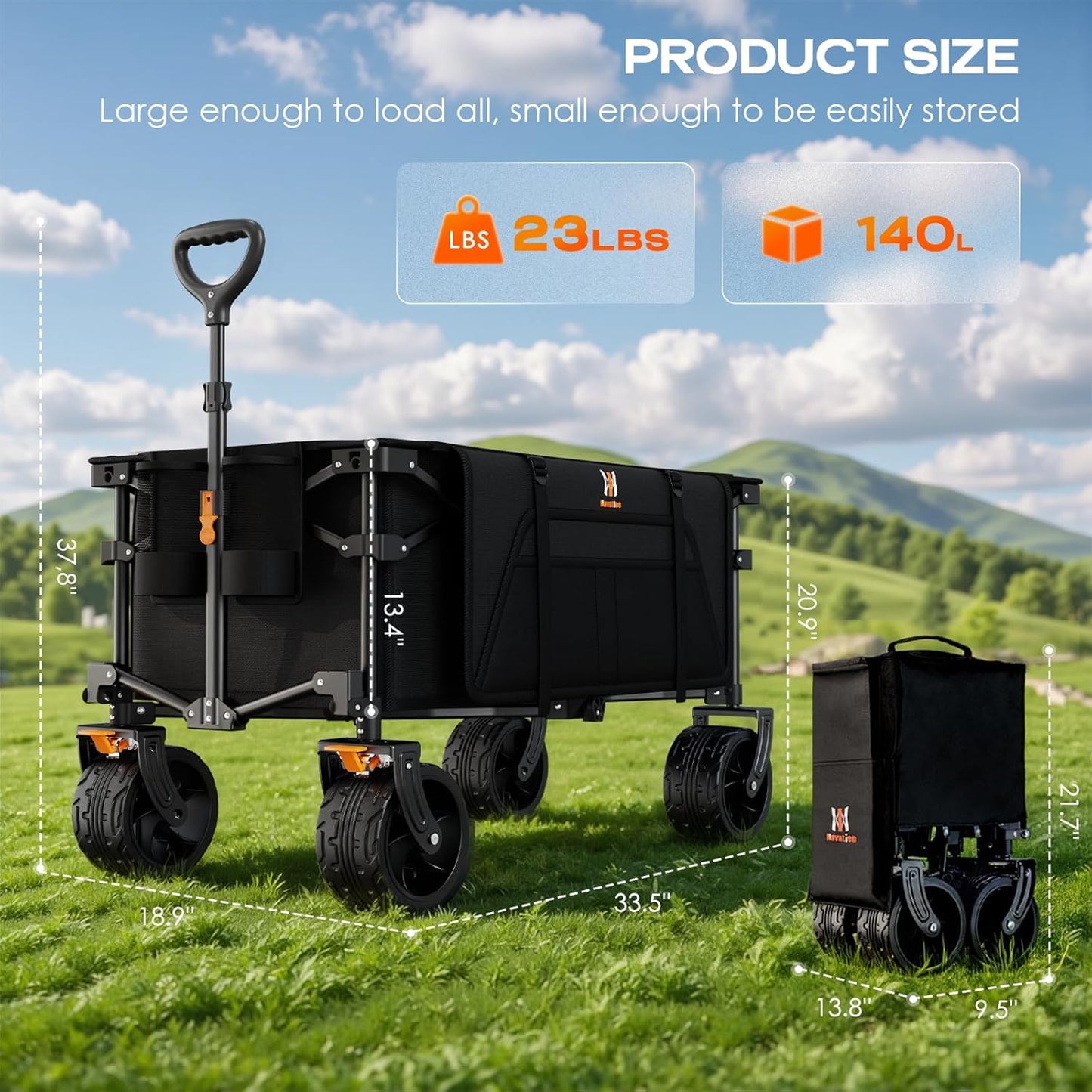Navatiee Big Wheels Collapsible Wagon Cart Foldable, Heavy Duty Beach Wagon with Silent All-Terrain Wheels, Folding Utility Grocery Cart with Side Pocket and Brakes for Camping Garden Sports, Black