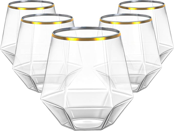 Lullaby 40pcs Plastic Wine Glasses with Gold Rim, 12oz Clear Disposable Wine Cups for Champagne Whiskey Cocktail, Perfect ...