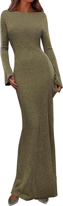 PRETTYGARDEN Women's Fall Fashion 2026 Long Sleeve Maxi Dress Ribbed Knit Boat Neck Bodycon Casual Dresses Going Out Outfits