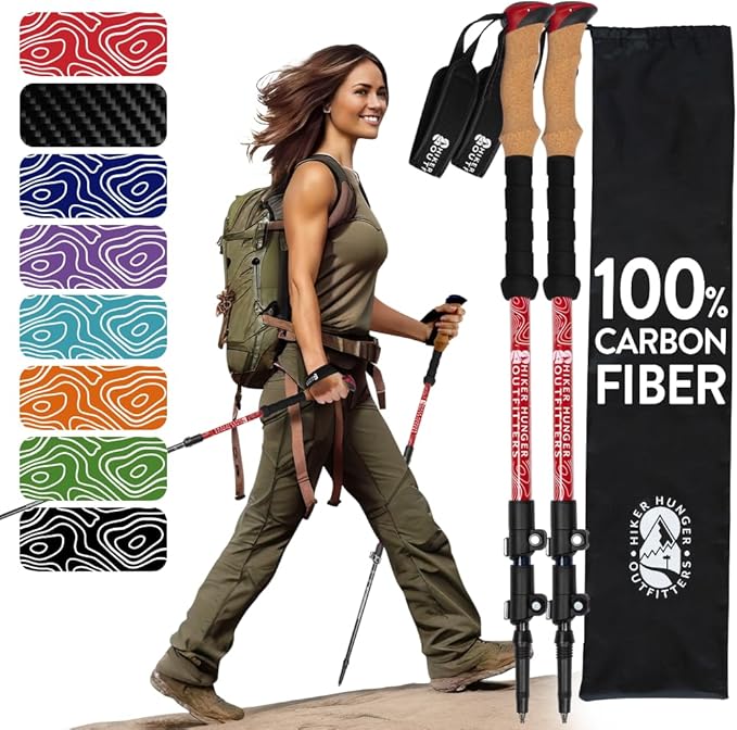 100% Carbon Fiber Trekking Poles by USA Brand - Ultra Strong Lightweight Collapsible Hiking Poles with Cork and EVA Foam G...
