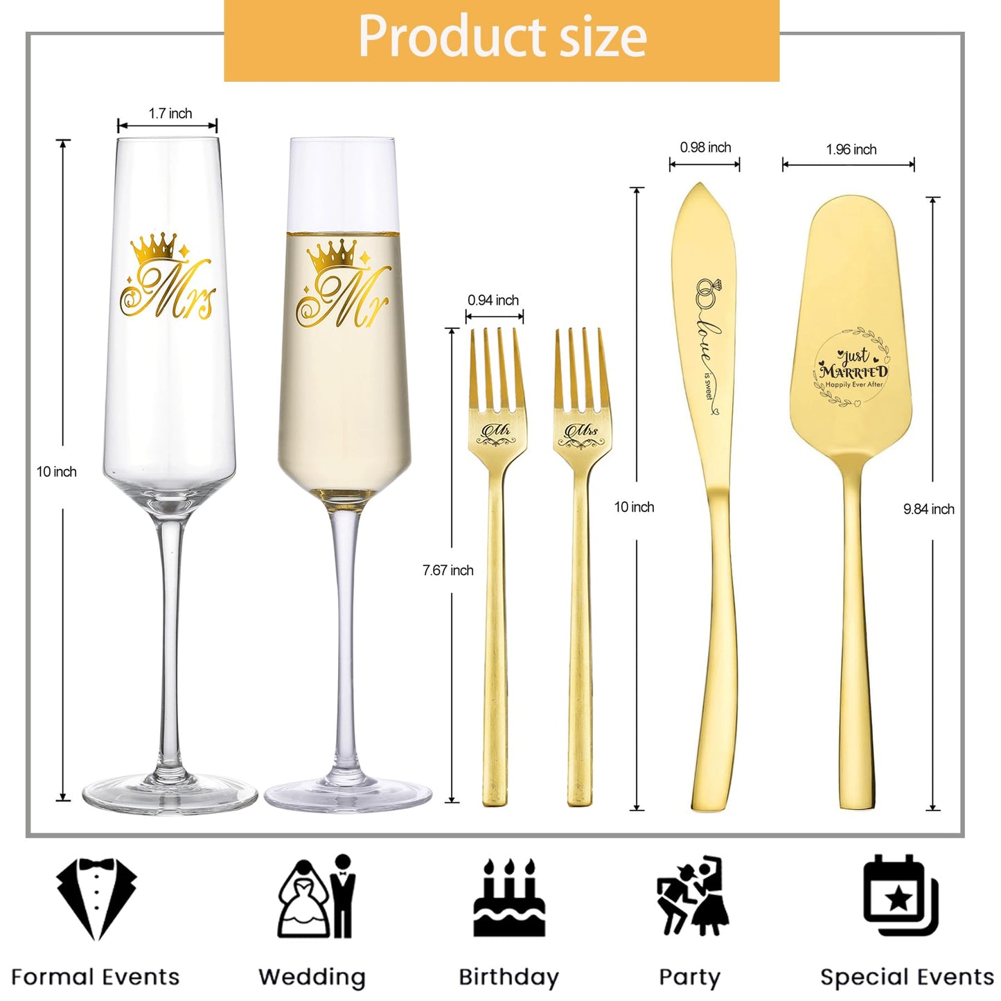 iooiluxry Gold Wedding Cake Knife and Server Set, Mr and Mrs Champagne Flutes Glasses with Cake Cutting Set for Wedding Bridal Shower Gifts