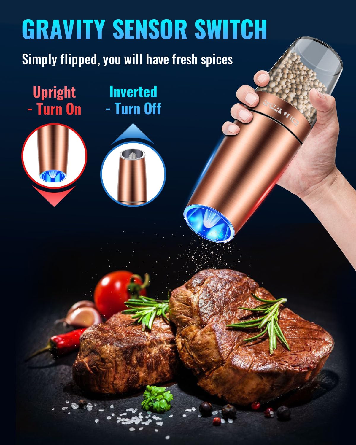 Sweet Alice Gravity Electric Pepper/Salt Grinder, Salt or Pepper Mill, Adjustable Coarseness, Battery Powered with LED Light, One Hand Automatic Operation, Stainless Steel (Single/Copper)