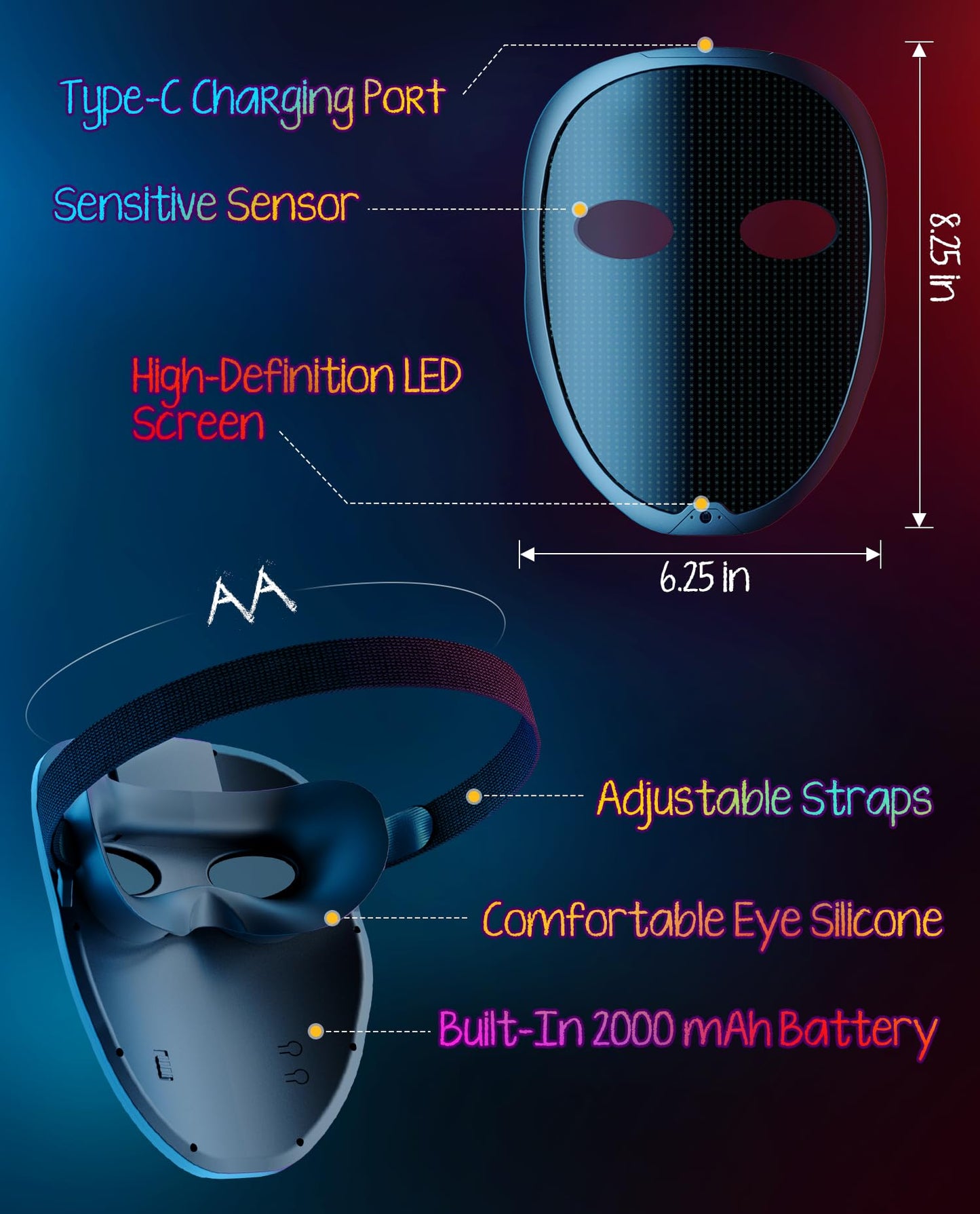 Yinenio LED Mask with Programmable App & Gesture Sensing, DIY Unisex LED Lighted Face Transforming Mask for Halloween Costume