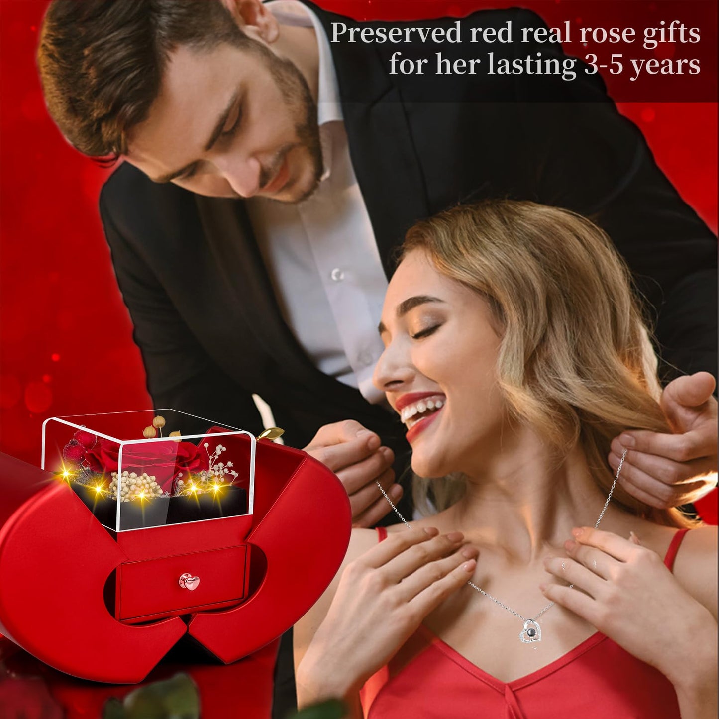 Lebana Preserved Red Real Rose with I Love You Necklace, Birthday Gifts for Women Her Mom Wife Girlfriend Grandma Christmas Anniversary Romantic-Red