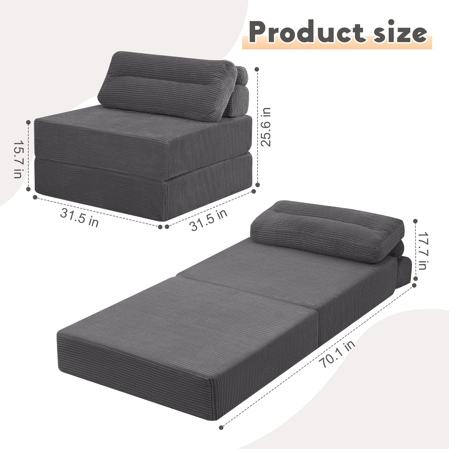 MeMoreCool Convertible Sofa Bed Folding Bed Chair, Boneless Sleeper Chair with Pillow, Fold Out Couch Lazy Floor Futon Lounger for Guest Small Space, Portable Foldable Mattress Couch Single, Grey