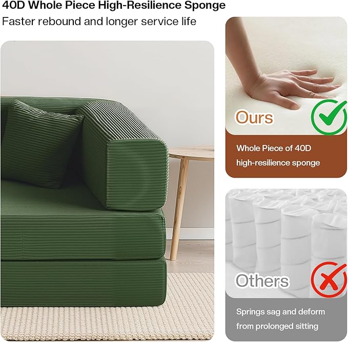 Kelyda 79 Inch Convertible Sofa Bed Couch in Box, 5 in 1 Folding Modular Boneless Couch with Pull Out Bed 2 Pillows, Soft Corduroy Floor Futon Lounge Loveseat Sleeper Lazy Cama No Assembly Green