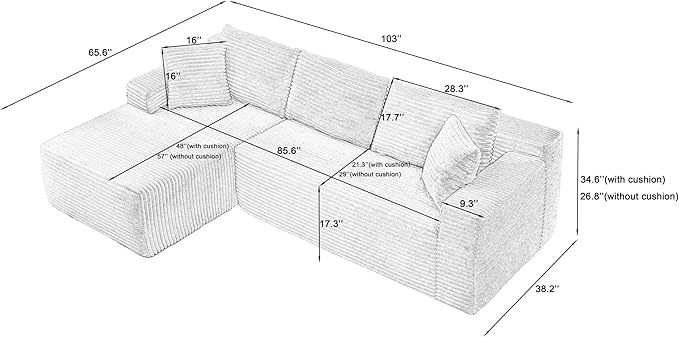 Vanress Cloud Couch Sectional, Corduroy Boneless Couch with L-Shape Chaise, Modern Modular Sectional Sofa Comfy Deep Seat for Living Room, Bedroom, No Assembly (Blue, Left Facing Chaise)
