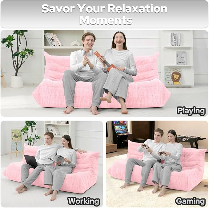 HABUTWAY Bean Bag Chairs Fireside Lazy Floor Sofa, Soft Teddy Fleece 3 Seater Sofa with High-Resilience Foam Filling，Beanbag for Living Room, Bedroom, Office (Pink Teddy)