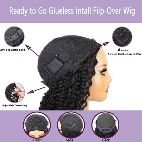 OZQKB 12A 220% Density Kinky Curly Half Wig Human Hair 3 In 1 Seamless Flip Over Half Wigs Wear Go Glueless Wigs Human Hair With Drawstring Beginner Friendly Headband Wig Human Hair For Women 18 Inch